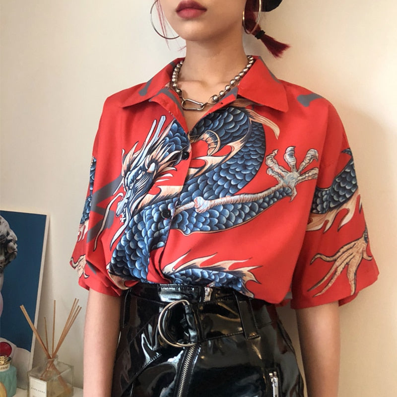 Dragon Print oversized ladies Harajuku Tops Short Sleeve Shirt