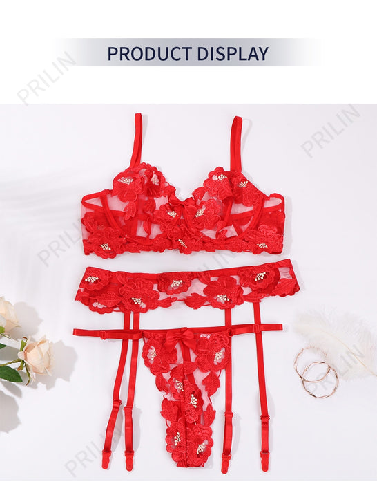 VenusFox Women Sexy Lingerie Sets with Garter Belt Red Floral Hot Push Up Bras G-string Panties Temptation Erotic Sensual Underwear