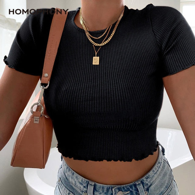 VenusFox Homophony T-shirt Casual O-Neck Short Sleeve Cropped Knitted Tshirts for Women