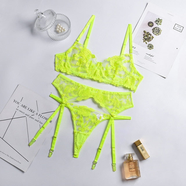 VenusFox Bra and Panty Set Women Underwear Lace Lingerie 3pcs Open Cup See Through Thong Floral Embroidery Underwear Transparent Bra Set