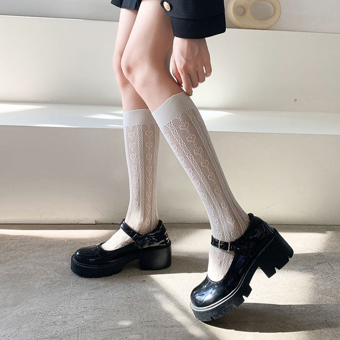VenusFox Lolita Heart Stockings Women's High Knee Socks Female Thin Mesh Long Socks Leg White Stocking Dress Calcetine