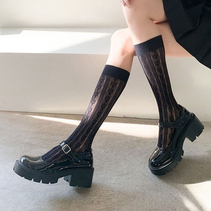 VenusFox Lolita Heart Stockings Women's High Knee Socks Thin Mesh