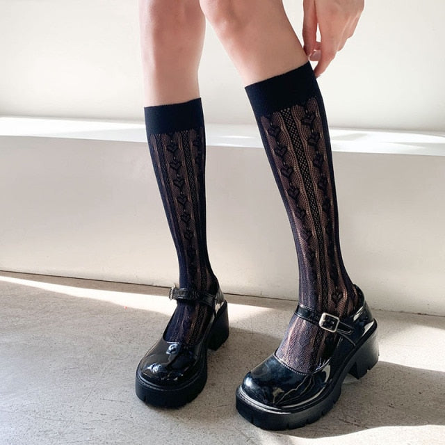 VenusFox Lolita Heart Stockings Women's High Knee Socks Thin Mesh