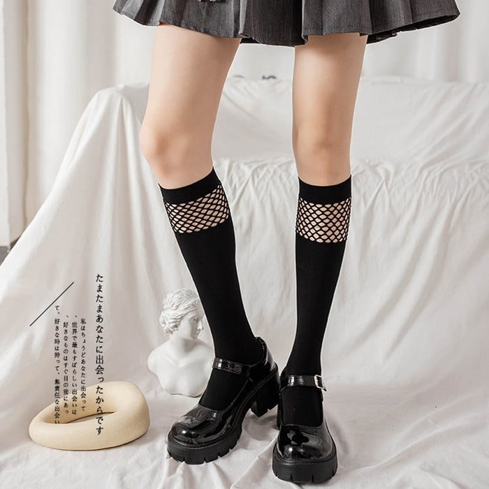 VenusFox Sexy Women Knee High Socks Mesh Stockings Fashion Fishnet Cute College Styles Girls Student Cosplay Nylon Stockings Black White