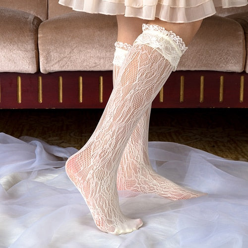 VenusFox Over the knee cute Lolita socks for women Japanese princess lace socks thin medium length summer socks