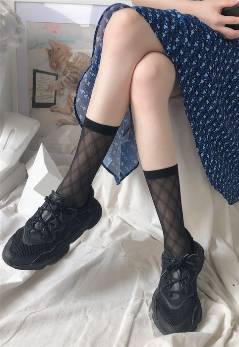 VenusFox New Plaid Transparent Lace Stocking Women High  Knee Socks