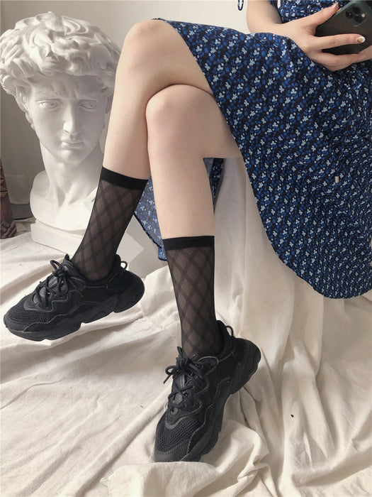 VenusFox New Plaid Transparent Lace Stocking Women High  Knee Socks