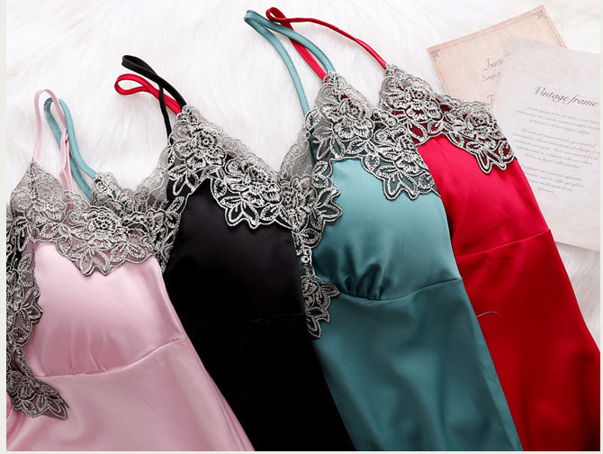VenusFox 5PC Silk Robe Sleep Suit Women's Lace Satin Pajamas Gown Set V-Neck Cami Nighties Wear