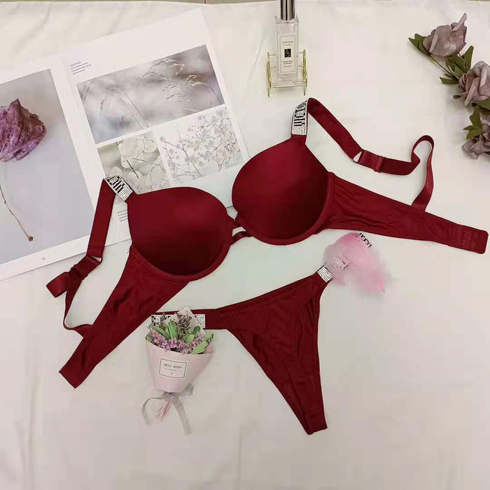 VenusFox Thong Secret Rhinestone Bikini Lingerie Briefs Set Panty 2 Piece Underwear Set Push Up Adjustable Sexy Bra Suit