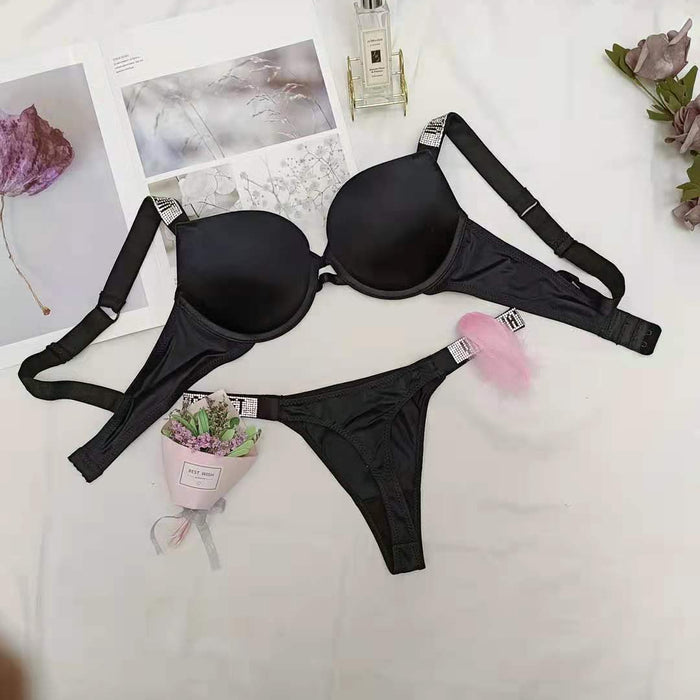 VenusFox Thong Secret Rhinestone Bikini Lingerie Briefs Set Panty 2 Piece Underwear Set Push Up Adjustable Sexy Bra Suit