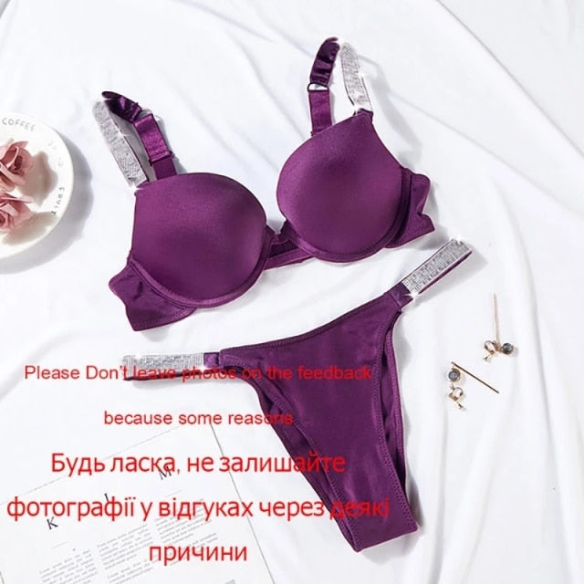 VenusFox Thong Secret Rhinestone Bikini Lingerie Briefs Set Panty 2 Piece Underwear Set Push Up Adjustable Sexy Bra Suit