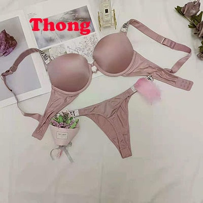 VenusFox Thong Secret Rhinestone Bikini Lingerie Briefs Set Panty 2 Piece Underwear Set Push Up Adjustable Sexy Bra Suit