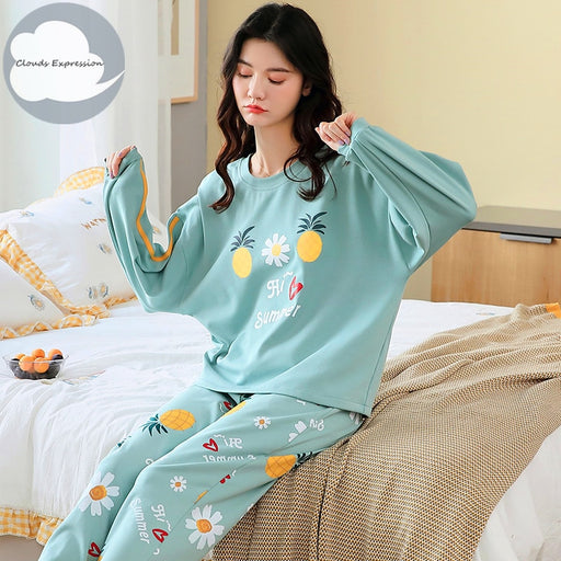 VenusFox Women's Sleep Lounge Pajama Long Sleeved Woman Pajama Set Cartoon Pajamas Cotton Sleepwear