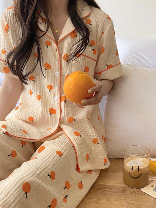 VenusFox Cotton Home Suits Korean Sleepwear Orange Print Pajamas for Women Summer