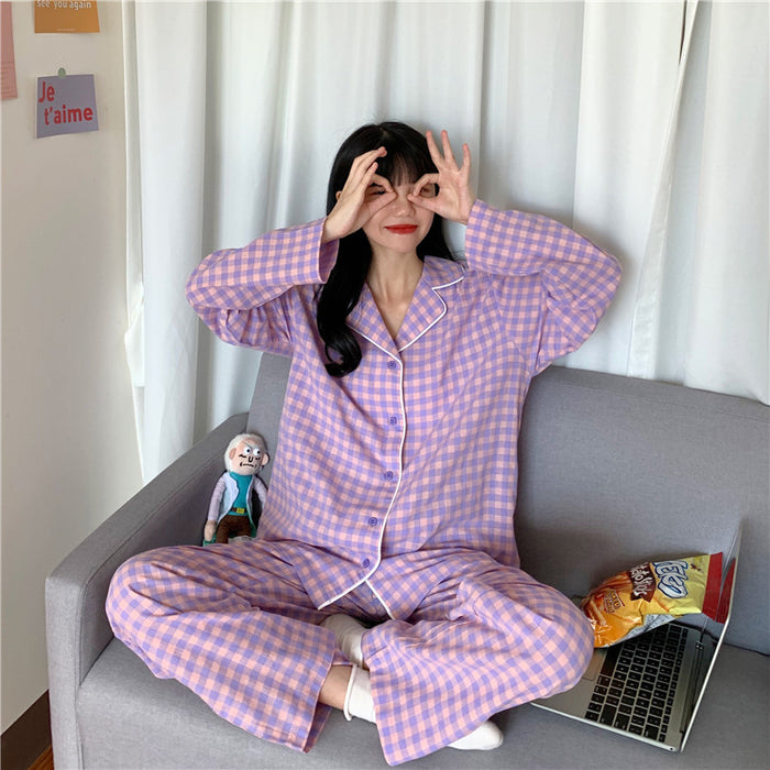 VenusFox Green Grid Women Pajama Set Korean Style Loose Leisure Sleepwear Elastic Waist Pant Nightwear Spring Winter Home Clothing