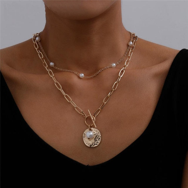 VenusFox Goth Pearl Choker Necklace Gold Color Lasso Pendants Women Jewelry On The Neck Chain Beads Necklace