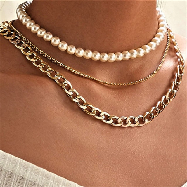 VenusFox Goth Pearl Choker Necklace Gold Color Lasso Pendants Women Jewelry On The Neck Chain Beads Necklace