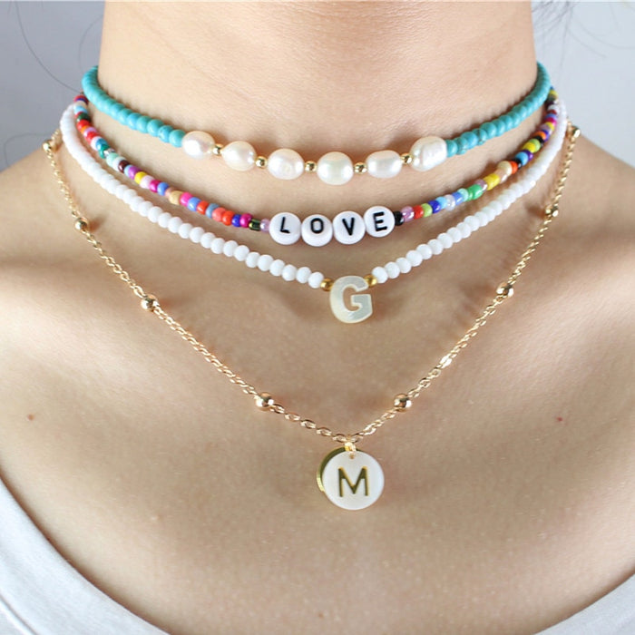 VenusFox Shell Letter Beads Necklace Women Natural Fresh Water Baroque Irregular Pearl Love Layered Gold Chain Vintage Choker Jewelry