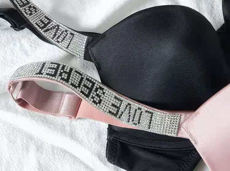 VenusFox Hot Rhinestone Bikini Lingerie Briefs Set Panty 2 Piece Lettersb Women Underwear Set Push Up Adjustable Sexy Bra Suit