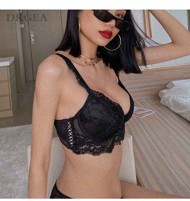 VenusFox New Sexy Bras Thick Underwear Set Women Brassiere Black Embroidery Brand Push-Up Bra Panties Set Lace Lingerie 3/4 Cup Gather