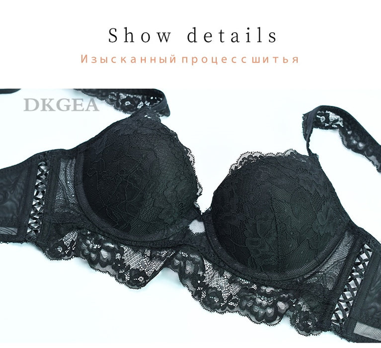 VenusFox New Sexy Bras Thick Underwear Set Women Brassiere Black Embroidery Brand Push-Up Bra Panties Set Lace Lingerie 3/4 Cup Gather