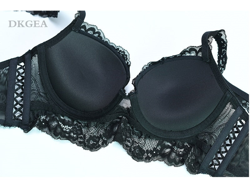 VenusFox New Sexy Bras Thick Underwear Set Women Brassiere Black Embroidery Brand Push-Up Bra Panties Set Lace Lingerie 3/4 Cup Gather