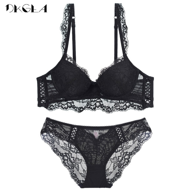 VenusFox New Sexy Bras Thick Underwear Set Women Brassiere Black Embroidery Brand Push-Up Bra Panties Set Lace Lingerie 3/4 Cup Gather