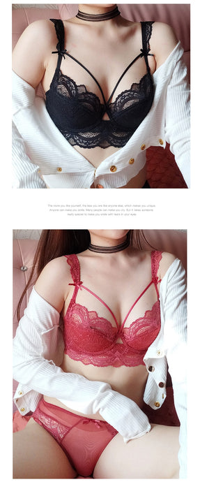 VenusFox Ultra-thin underwear set new T-shirt push-up bra and panties hollow bra plus size sexy bra lace underwear set ABCDE cup 95C 95D