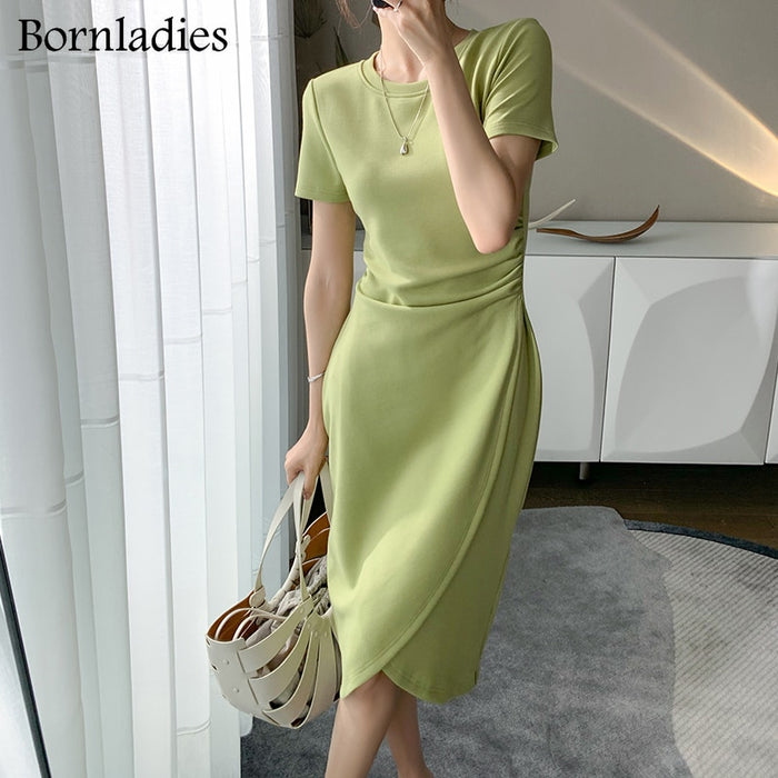 VenusFox Summer Short Sleeve Bodycon Green Dress Women Elegant Sexy Fold Slim Waist Mermaid Midi Dress 100% Cotton Dress