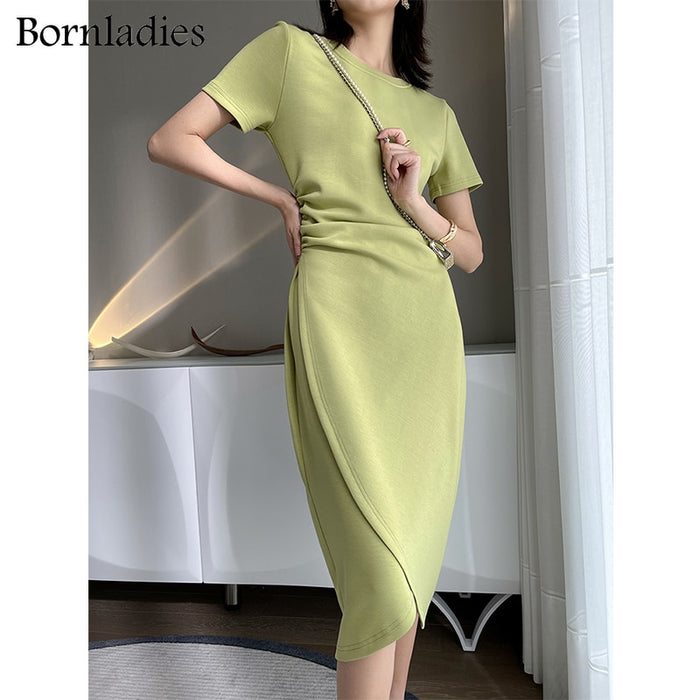 VenusFox Summer Short Sleeve Bodycon Green Dress Women Elegant Sexy Fold Slim Waist Mermaid Midi Dress 100% Cotton Dress