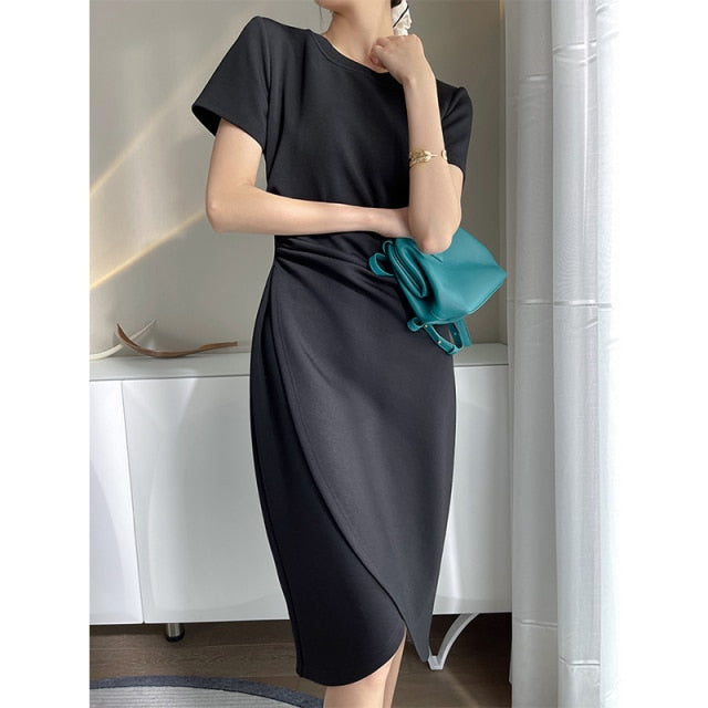 VenusFox Summer Short Sleeve Bodycon Green Dress Women Elegant Sexy Fold Slim Waist Mermaid Midi Dress 100% Cotton Dress