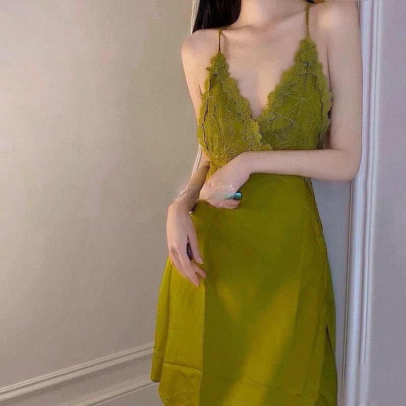 VenusFox Silk Night Dress Women Sexy Sleepwear Summer 2021 Nightgown Lace Nightie Green Nightwear Skirt Pijamas Nighty for Ladies