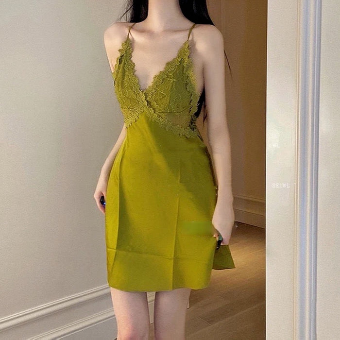 VenusFox Silk Night Dress Women Sexy Sleepwear Summer 2021 Nightgown Lace Nightie Green Nightwear Skirt Pijamas Nighty for Ladies