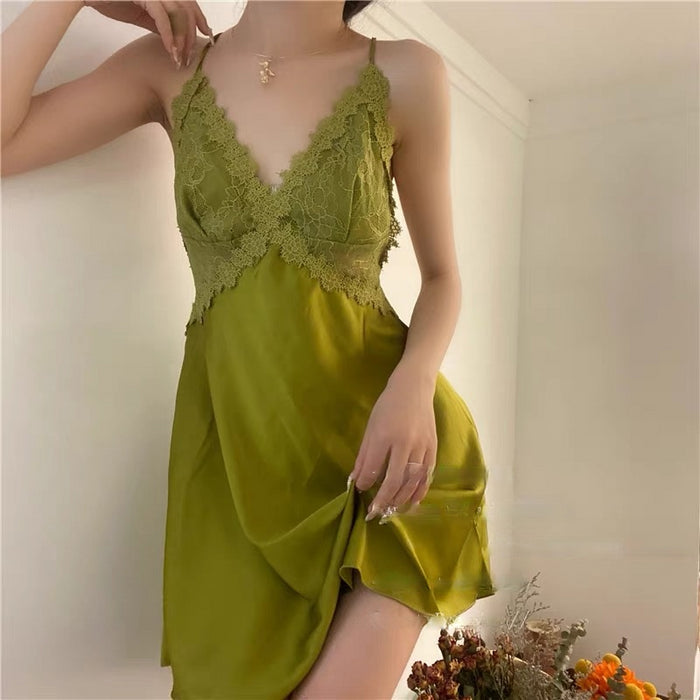 VenusFox Silk Night Dress Women Sexy Sleepwear Summer 2021 Nightgown Lace Nightie Green Nightwear Skirt Pijamas Nighty for Ladies