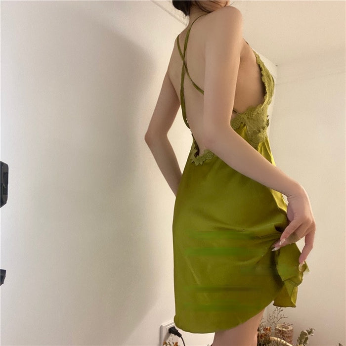 VenusFox Silk Night Dress Women Sexy Sleepwear Summer 2021 Nightgown Lace Nightie Green Nightwear Skirt Pijamas Nighty for Ladies