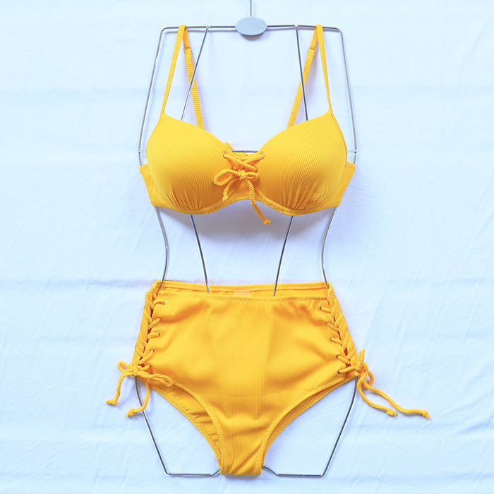 VenusFox Riseado High Waist Bikini Push Up Swimwear Women's Swimsuit 2021 Yellow Bikinis Lace Up Sexy Biquini Strap Bathing Suit Summer