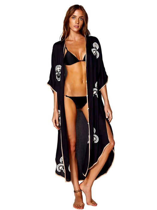 VenusFox Bikini Cover-ups Sexy Emboridered Button Front Open Cotton Summer Dress Kaftan Women Beach Wear Swim Suit Cover Up Q1002