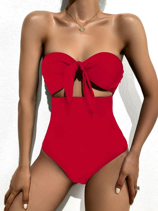 VenusFox Sexy One Piece Swim Suits Red Black Bandeau Swimsuit 1 Piece Bow Knot Halter Cut Out Swimwear Women Bathing Suit Trikini