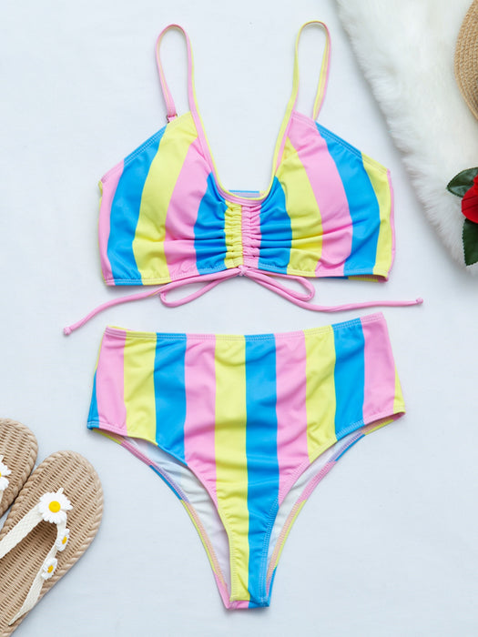VenusFox Rainbow Striped Swimming Suit for Women High Waist Drawstring Lace Up Plus Size Swimwear Push Up Bikini Set Cute Bikinis