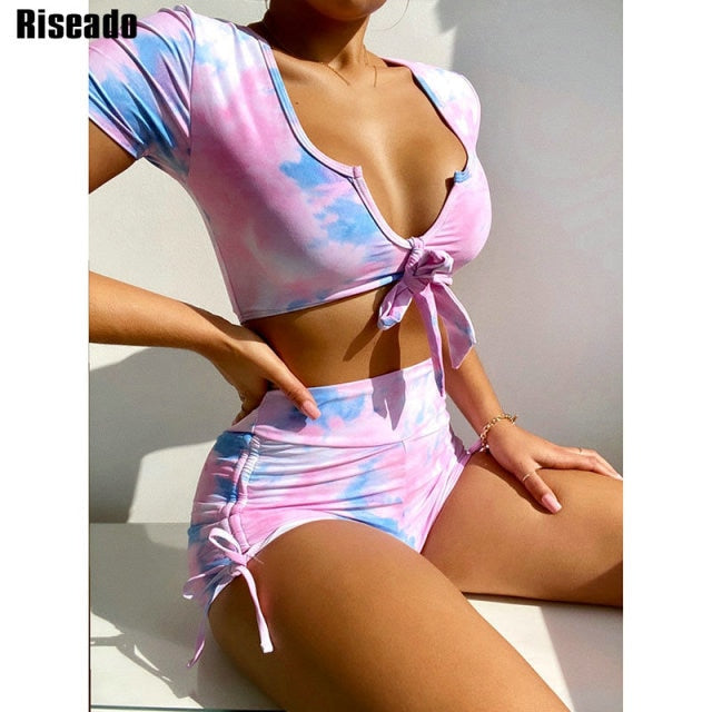 VenusFox Riseado Sexy Bikini Set Tie Dye High Waisted Swimsuits Push Up Swimwear Women 2021 Ruched Drawstring Bathing Suit Boyleg Summer