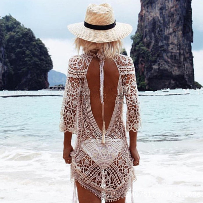 VenusFox Women Lace Solid Beach Dress Bikini Cover Up Summer Bathing Suit Hallow Out Crochet Swimwear One Size