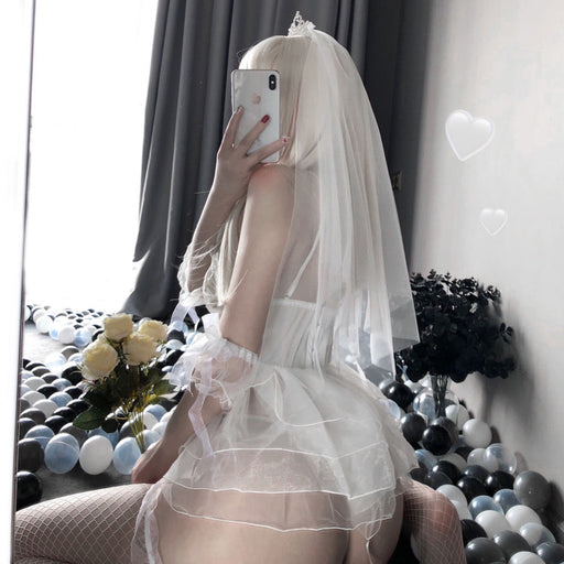 VenusFox Anime Sexy Lingerie Cospaly Bride Honeymoon Costumes Wedding Girl Sexy Pajamas Thin Perspective Bridal Sleepwear Set Night Wear