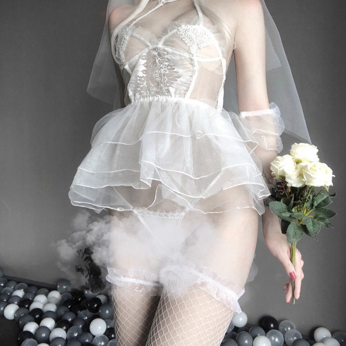 VenusFox Anime Sexy Lingerie Cospaly Bride Honeymoon Costumes Wedding Girl Sexy Pajamas Thin Perspective Bridal Sleepwear Set Night Wear