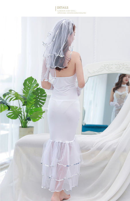 VenusFox Sexy Mesh Wedding Erotic Lingerie Halter Dress Veil Mesh Ruffle Bride Costumes Bridal Lingerie Cosplay Uniform Clothing BABYDOLL
