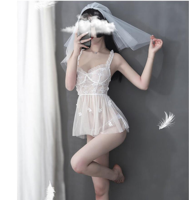 VenusFox Sexy Women Bride Cosplay White Uniform Maid Porn Bridal Lingerie Lace Cute Costumes Honymoon Wedding Dress