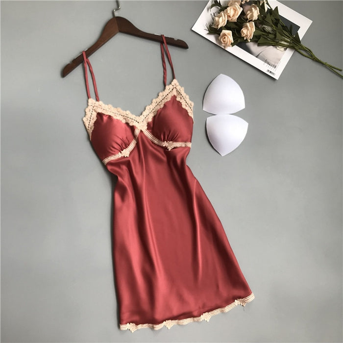 VenusFox Sleepwear Lingerie Women Deep V-neck Sleepdress Sexy Silk Nightgowns Sleeveless Lace Robe Satin Nightdress Burgundy Homewear