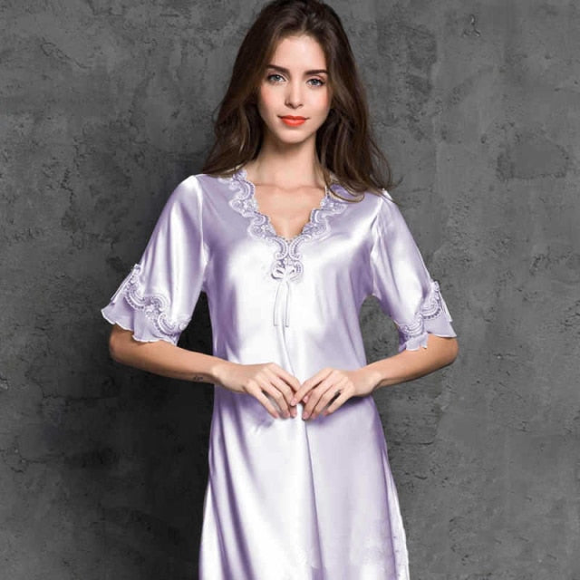 VenusFox Women's Silk Satin Sleepwear Lace Sexy Short Sleeve Nightdress Female Clothing Homewear Nightwear Transparent Nightgown Pajamas