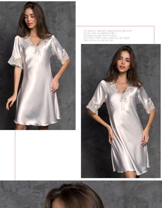 VenusFox Women's Silk Satin Sleepwear Lace Sexy Short Sleeve Nightdress Female Clothing Homewear Nightwear Transparent Nightgown Pajamas