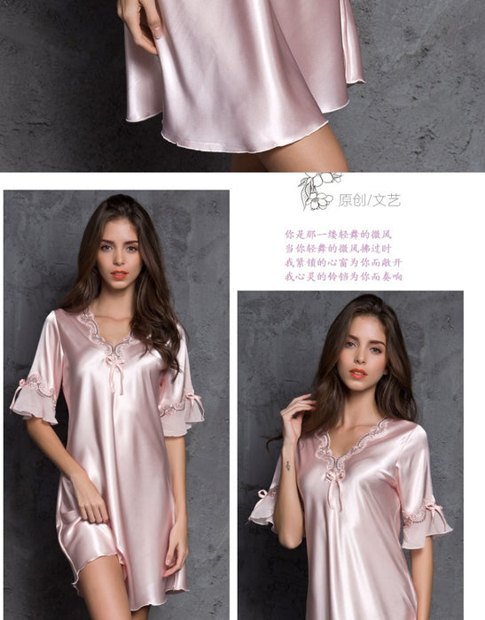 VenusFox Women's Silk Satin Sleepwear Lace Sexy Short Sleeve Nightdress Female Clothing Homewear Nightwear Transparent Nightgown Pajamas