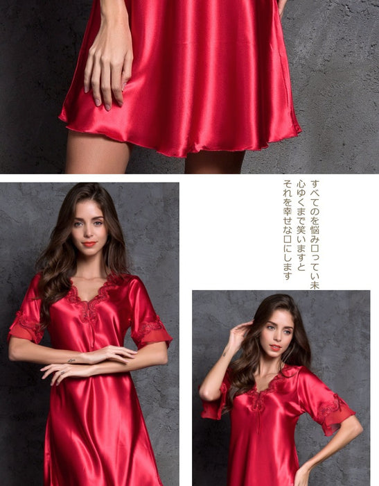 VenusFox Women's Silk Satin Sleepwear Lace Sexy Short Sleeve Nightdress Female Clothing Homewear Nightwear Transparent Nightgown Pajamas